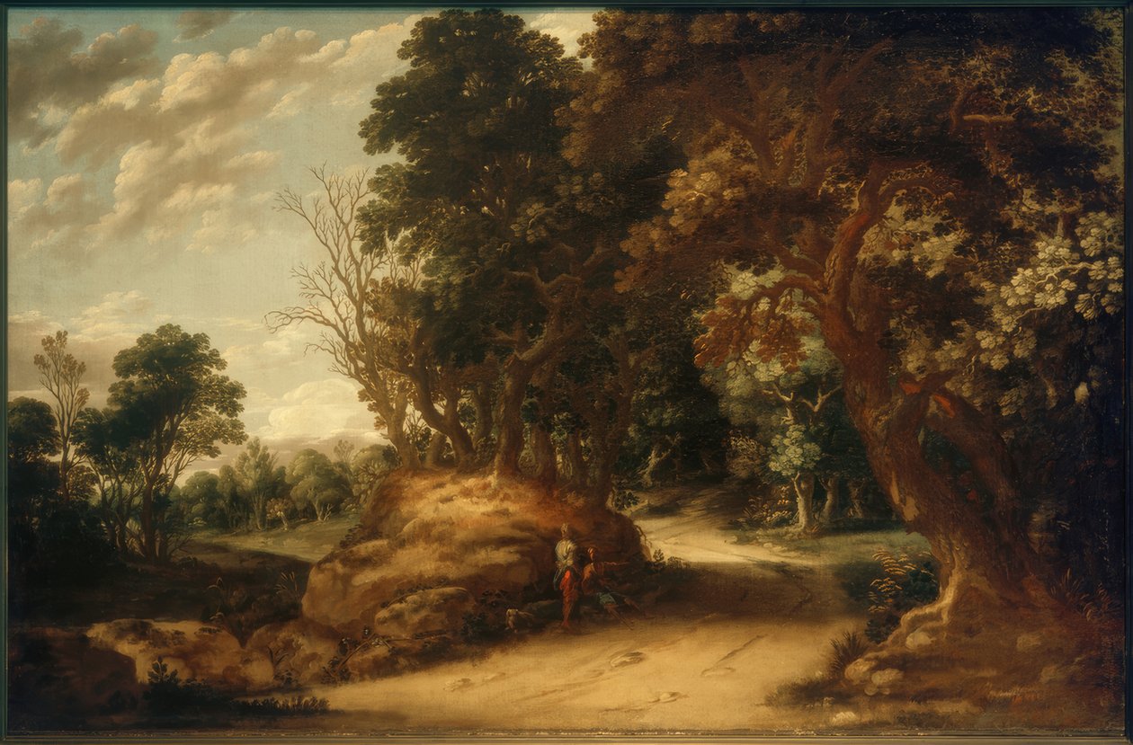 Skogbevuxen landskap med vilande vandrare av Abraham van den Rande