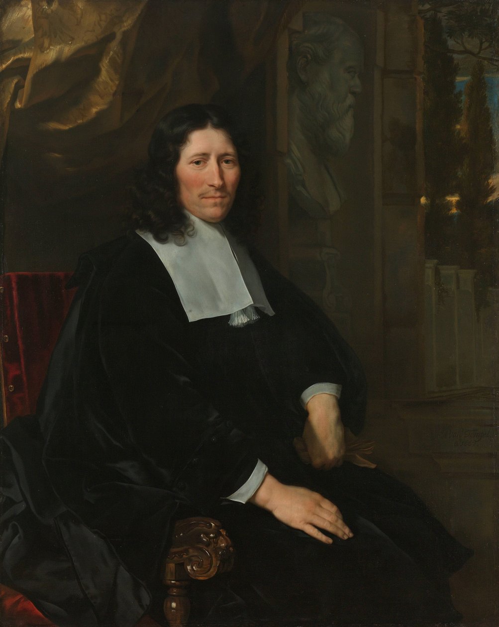 Porträtt av Pieter de la Court Porträtt av Pieter de la Court. Tillverkare och tygägare, först i Leiden, sedan 1673 i Amsterdam, politisk broschyr av Abraham van den Tempel