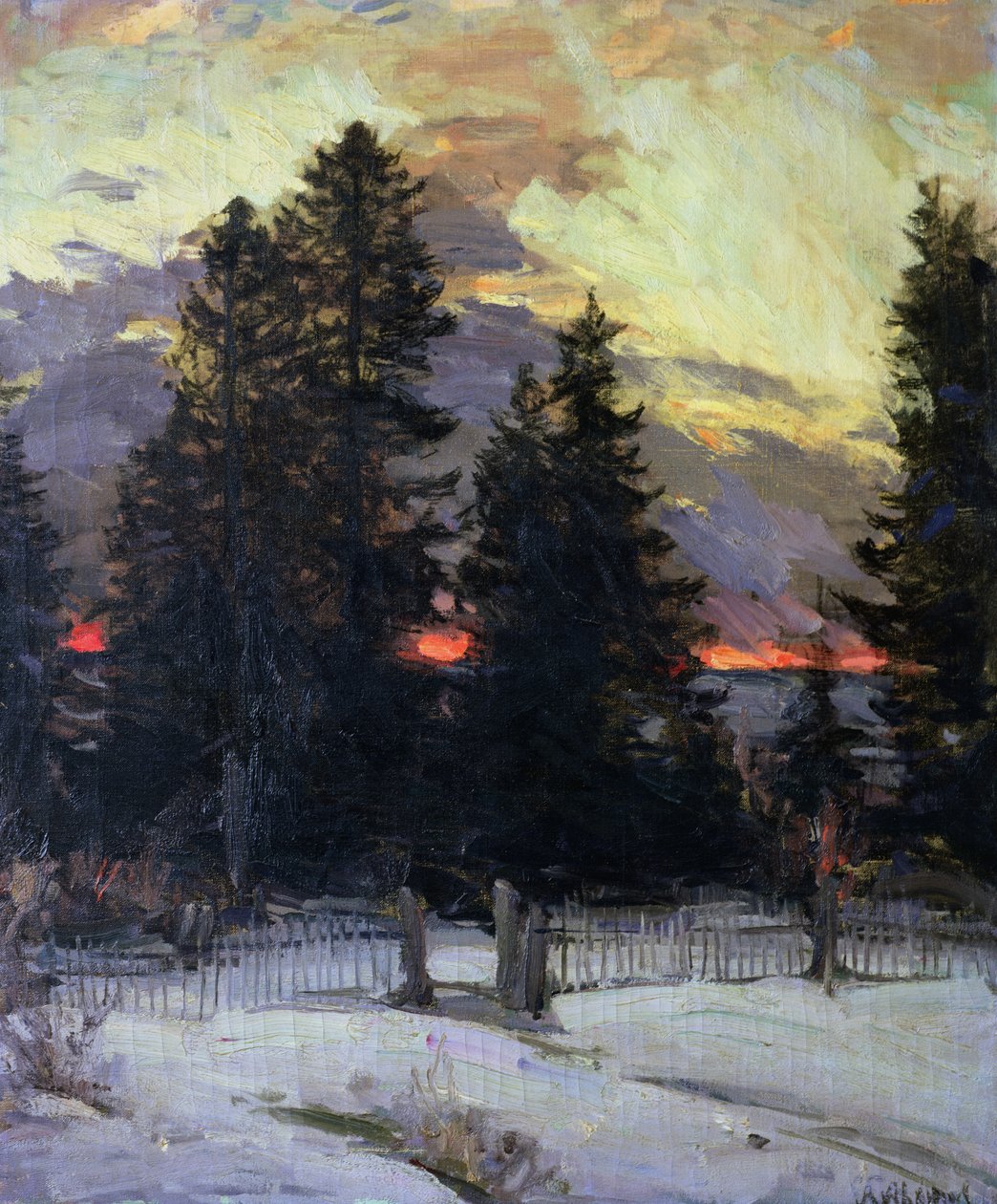 Solnedgång över ett vinterlandskap, c.1902 av Abram Efimovich Arkhipov