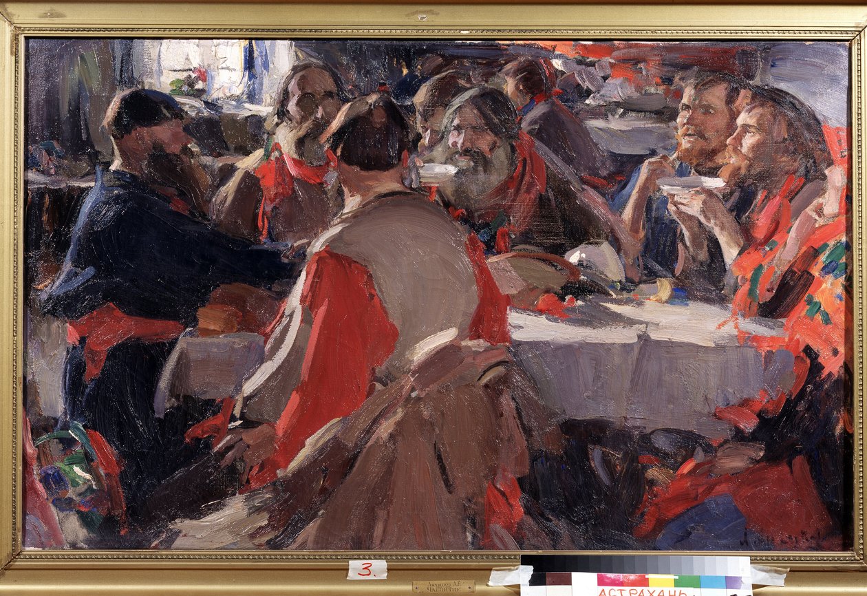 Tea time (Tedricka). Målning av Abram Yefimovich Arkhipov (1862-1930). Olja på duk, 79 x 31 cm. Rysk konst, sent 1800-tidigt 1900-tal. State B. Kustodiev Art Gallery, Astrakhan (Ryssland). av Abram Efimovich Arkhipov