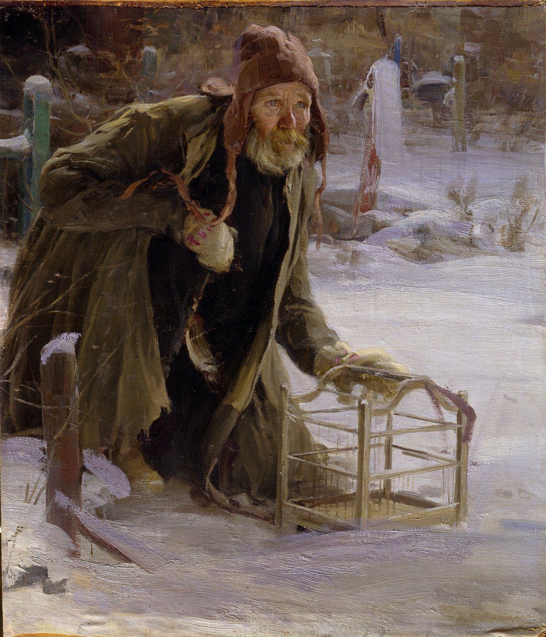 Fågelfångaren. Klädd eländigt, på knä i snön, håller en man i en bur. Målning av Abram Yefimovich Arkhipov (1862-1930), olja på duk av Abram Efimovich Arkhipov