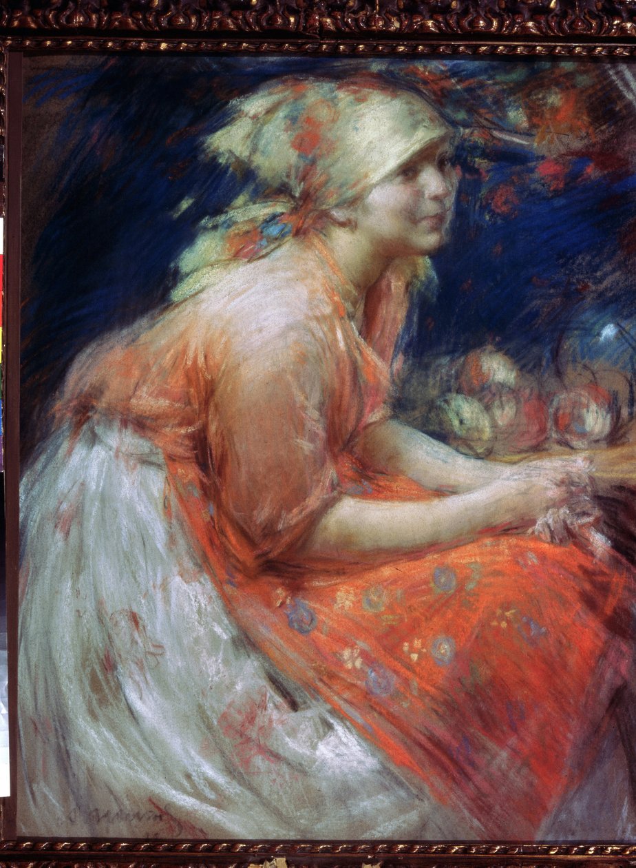 En ung bondflicka (En bondflicka). Målning av Abram Yefimovich Arkhipov (1862-1930). Pastell på duk, 88 x 71 cm av Abram Efimovich Arkhipov