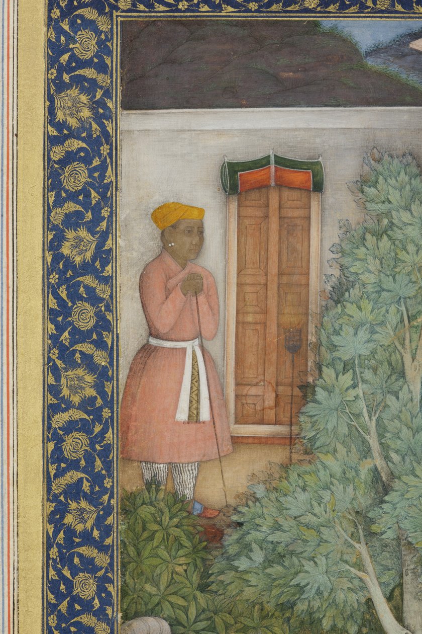 Detalj från kejsar Jahangir med heliga män i en trädgård, ca 1615 (ogenomskinlig wc & guld på papper) av Abul Hasan