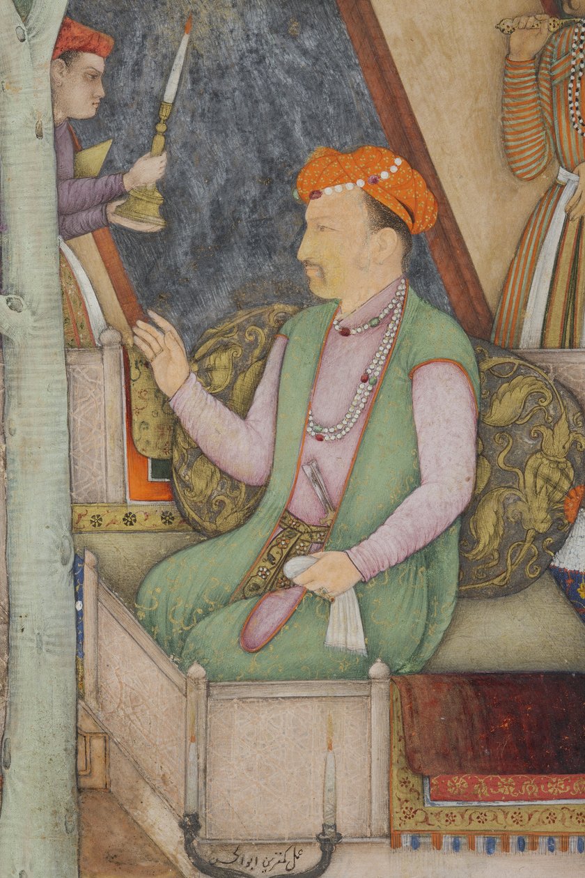 Detalj från kejsar Jahangir med heliga män i en trädgård, ca 1615 (ogenomskinlig wc & guld på papper) av Abul Hasan