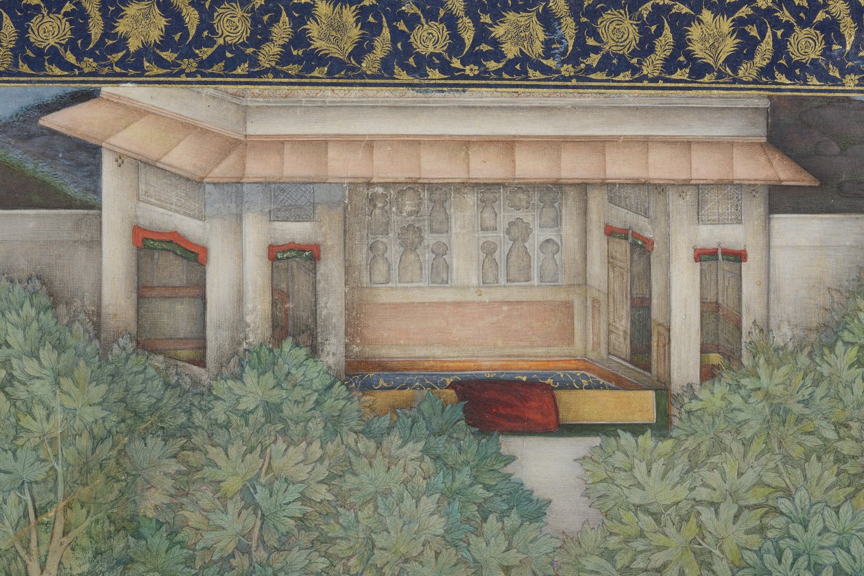 Detalj från kejsar Jahangir med heliga män i en trädgård, ca 1615 (ogenomskinlig wc & guld på papper) av Abul Hasan