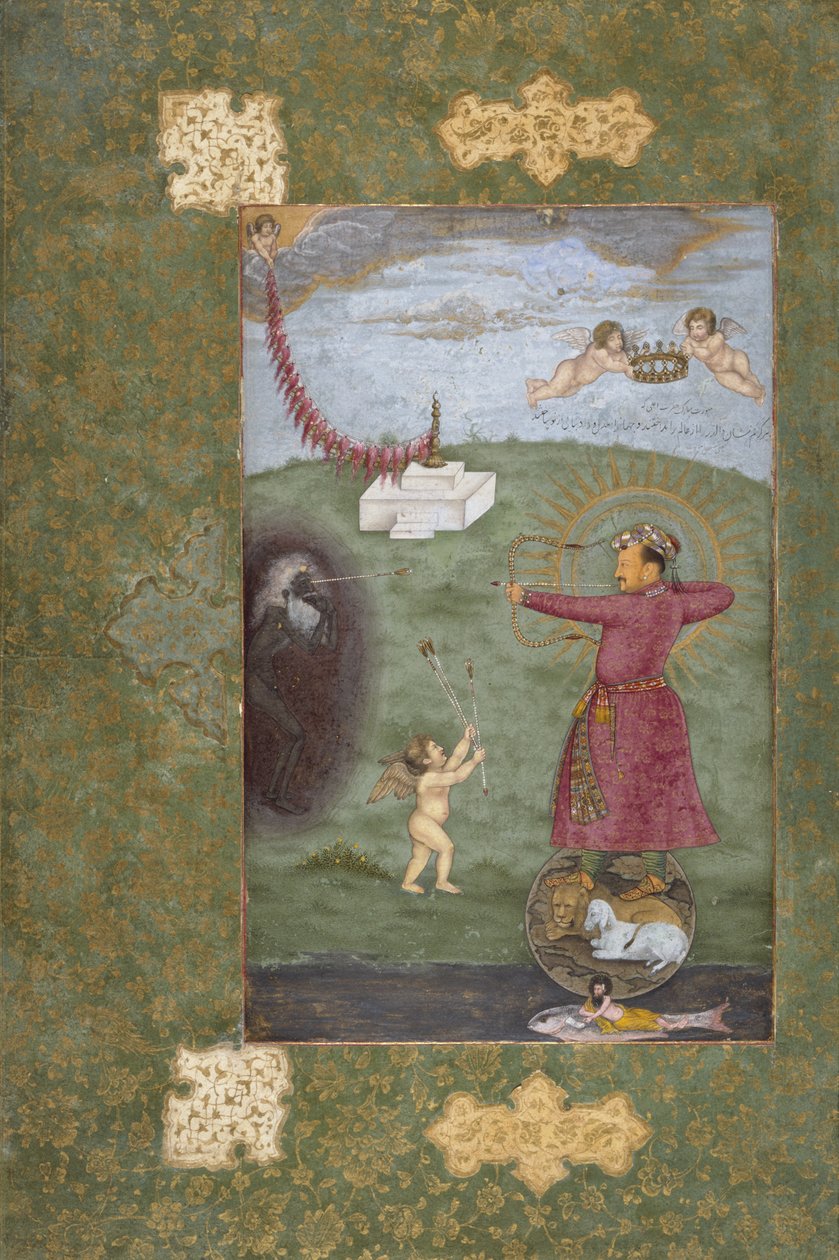 Kejsar Jahangir Triumphing Over Poverty, ca 1620-25 (ogenomskinlig akvarell, guld och bläck på papper) av Abul Hasan
