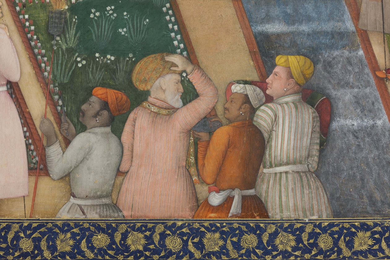 Detalj från Kejsar Jahangir med heliga män i en trädgård, ca 1615 (opak wc och guld på papper) av Abul Hassan Ghaffari