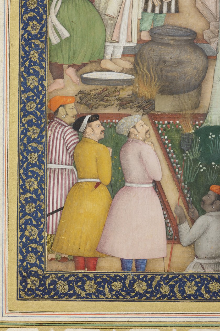 Detalj från Kejsar Jahangir med heliga män i en trädgård, ca 1615 (opak wc och guld på papper) av Abul Hassan Ghaffari