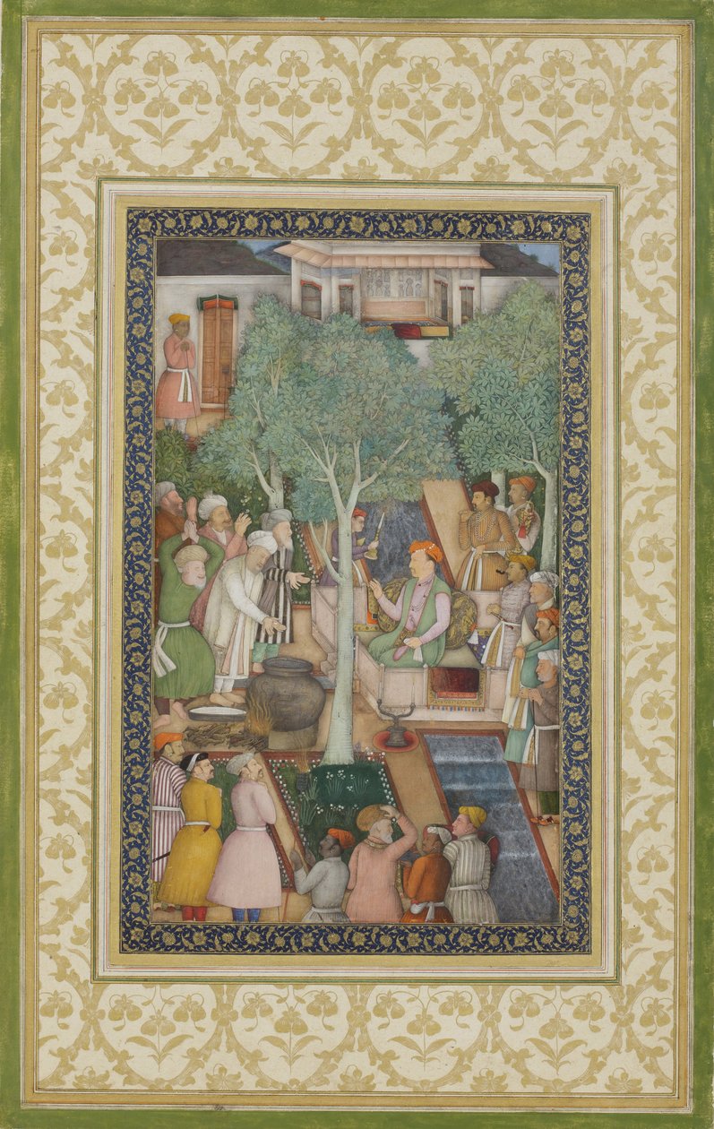 Kejsare Jahangir med heliga män i en trädgård, ca 1615 (opak wc och guld på papper) av Abul Hassan Ghaffari