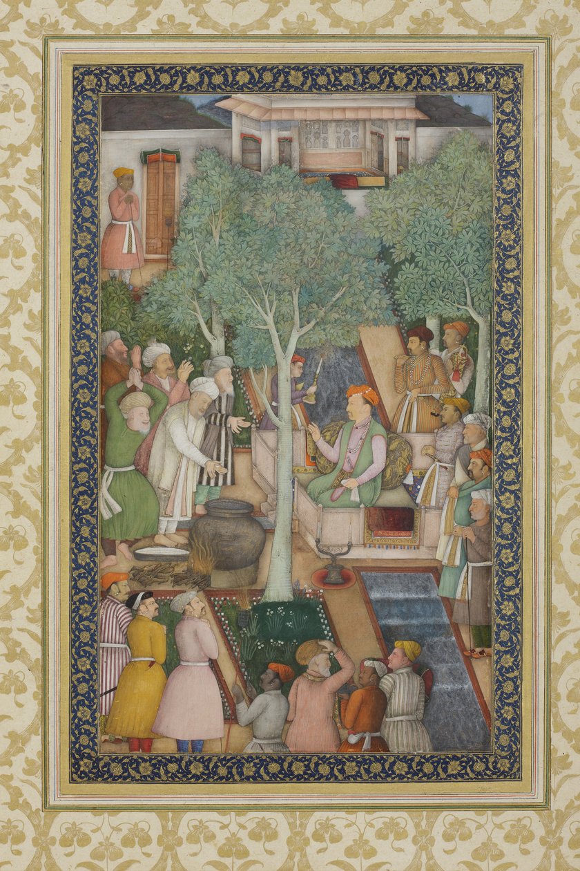 Kejsar Jahangir med heliga män i en trädgård, ca 1615 (ogenomskinlig wc och guld på papper) av Abul Hassan Ghaffari