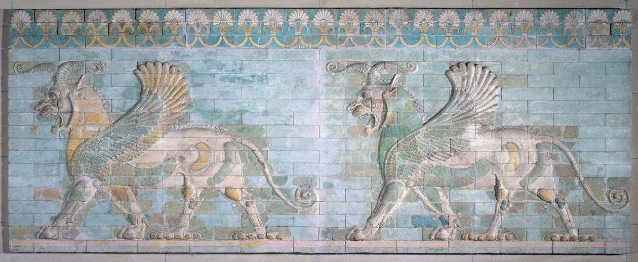 Två bevingade griffiner, från Artaxerxes-palatset, Susa, Achaemenian Period, 6-500-talet f.Kr. (polykroma glaserade tegelstenar) av Achaemenid