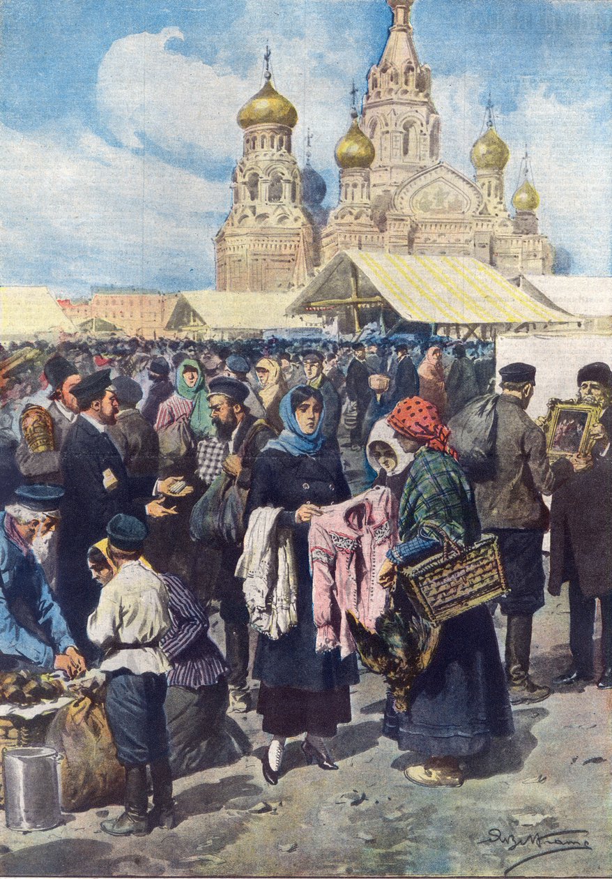 Byteshandel i Ryssland efter den ryska revolutionens valutakollaps, illustration från "La Domenica del Corriere", 1 juni 1919. av Achille Beltrame