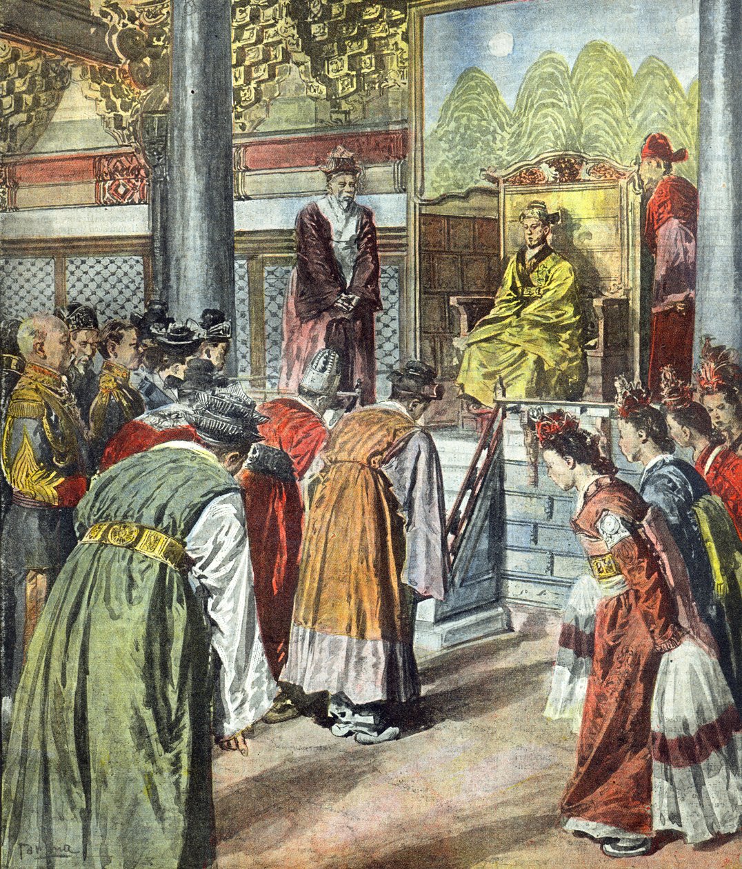 Kröning av Sunjong, Koreas kejsare Yunghui den 20 juli 1907, omslagsillustration till tidningen "La Tribuna Illustrata", 4 augusti 1907. av Achille Beltrame