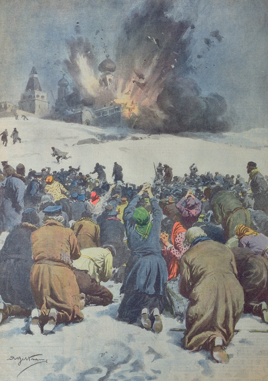 Förstörelse av en gammal klosterkyrka av sovjeterna, och åtföljande klagan från de trogna, illustration från 