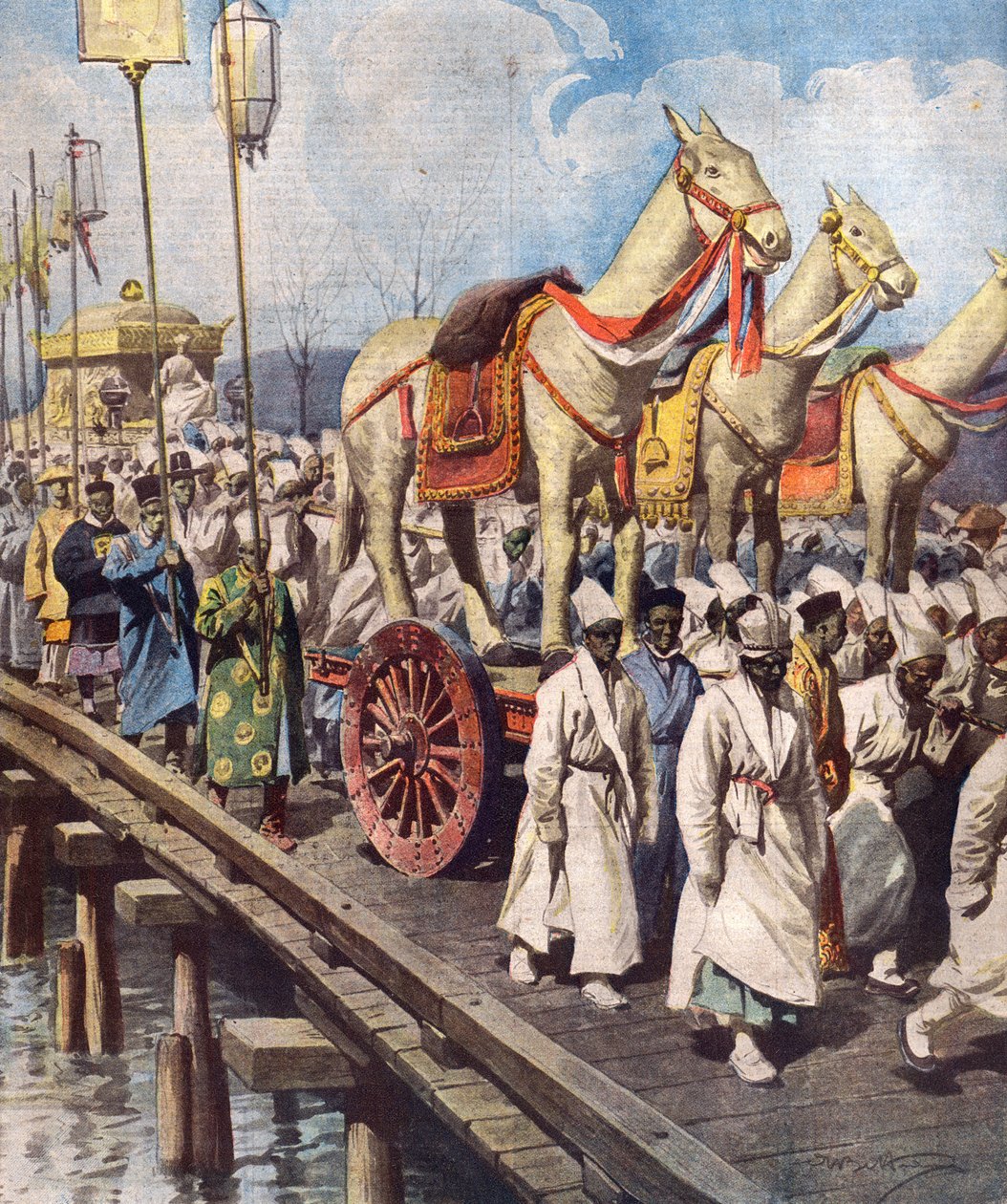 Begravningsprocession av Gojong, kejsare Gwangmu av det koreanska imperiet i mars 1919, omslagsillustration från "La Domenica del Corriere", 1 juni 1919. av Achille Beltrame