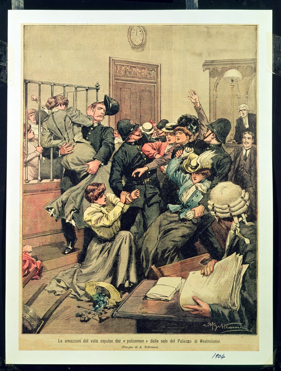 Poliser som utvisar suffragetter från ett rum i Palace of Westminster, 1906 av Achille Beltrame