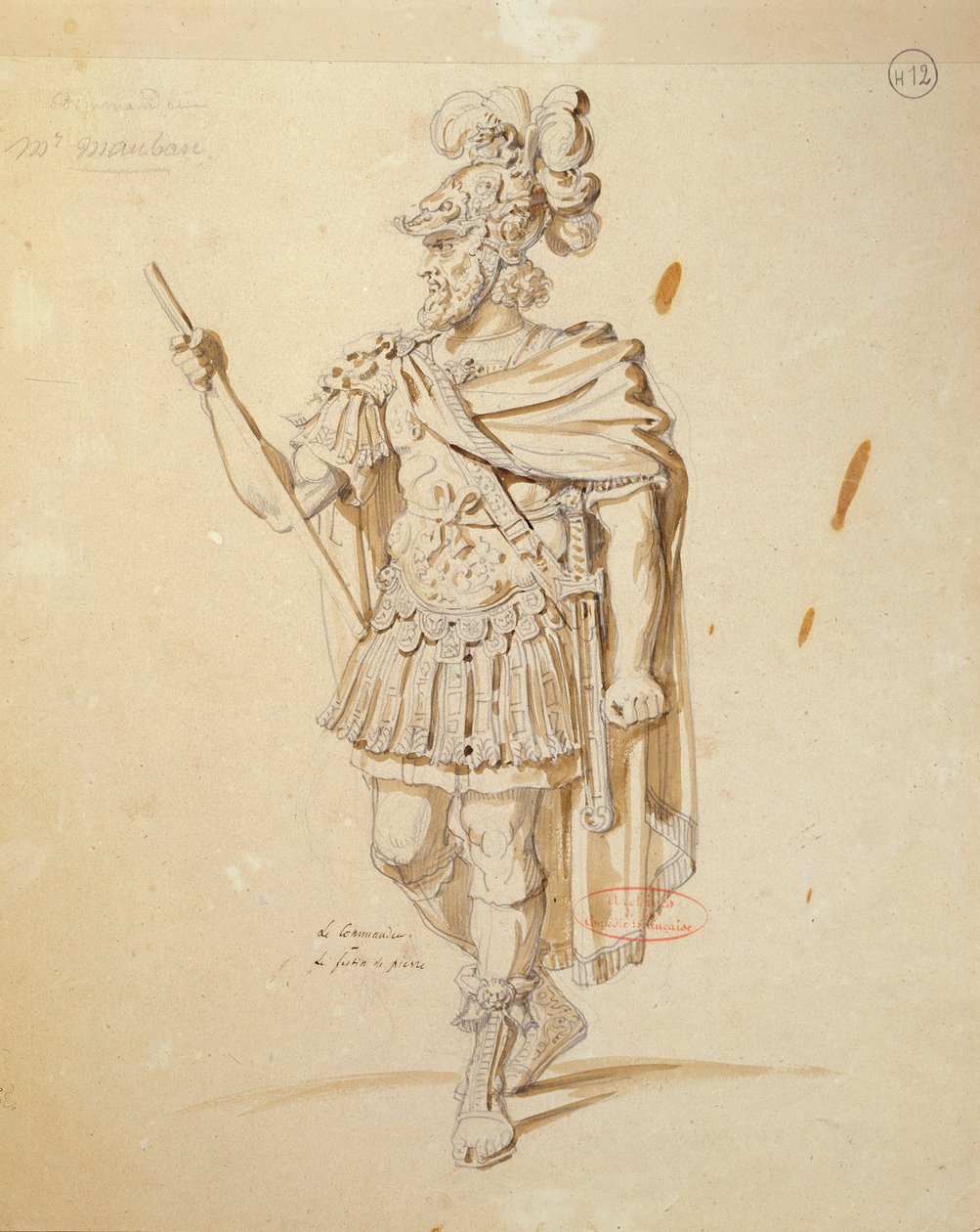 Kostymdesign för rollen som "Le Commandeur" i produktionen av "Don Juan" 1847 av Moliere på Comedie Francaise (penna och bläcktvätt på papper) av Achille Devéria