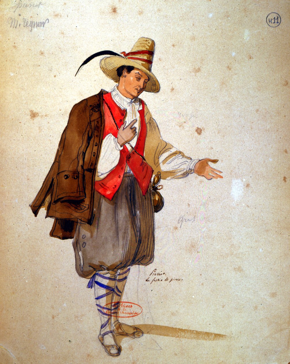 Kostymdesign för rollen som Pierrot i en produktion från 1847 av "Don Juan" av Moliere (1622-73) på Comedie Francaise (penna och bläck och wc på papper) av Achille Devéria