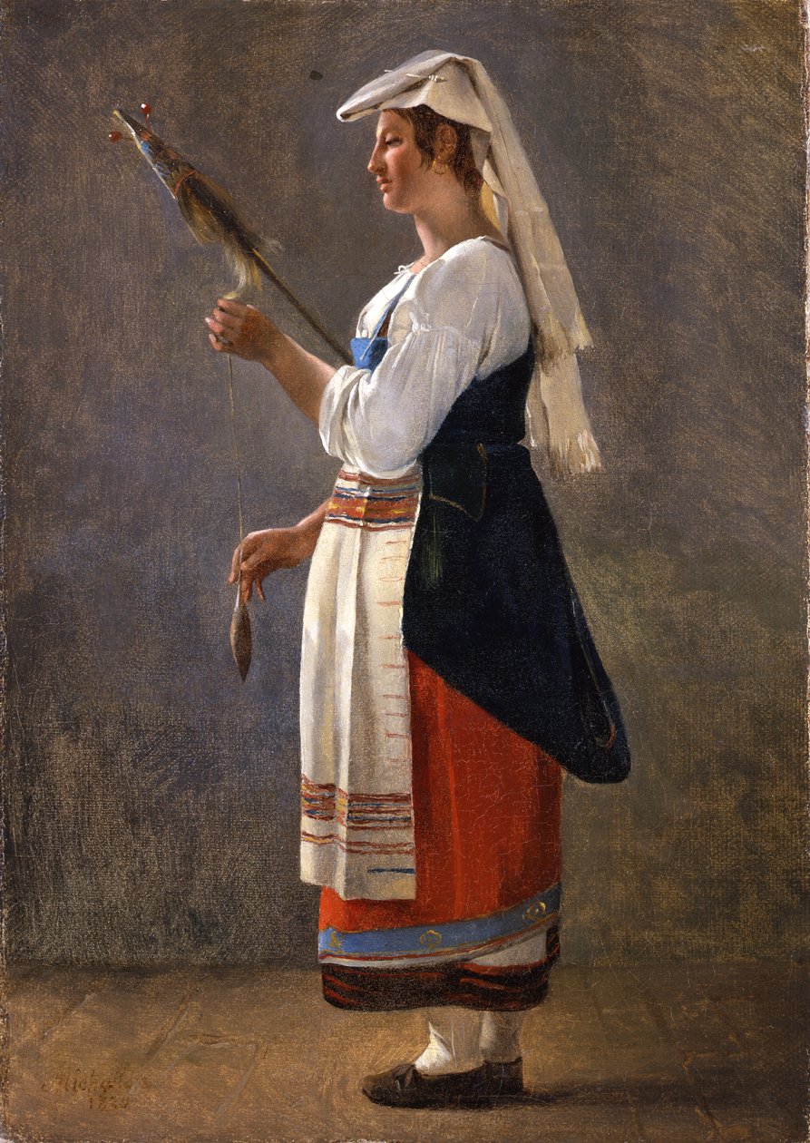 En av ett par italienska studier: An Italian Peasant Spinning, 1820 (olja på papper på duk) av Achille Etna Michallon