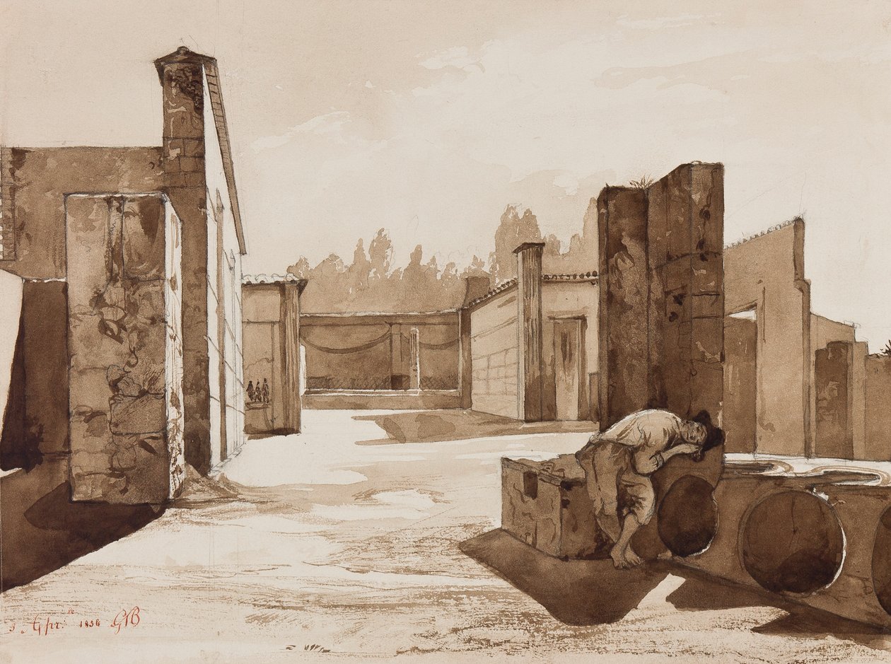 En vy från Pompeji, med tillägg av prins Gaetano Maria Federico di Borbone (1846-1871), 1854 (penna och sepia tvättar på papper) av Achille Vianelli
