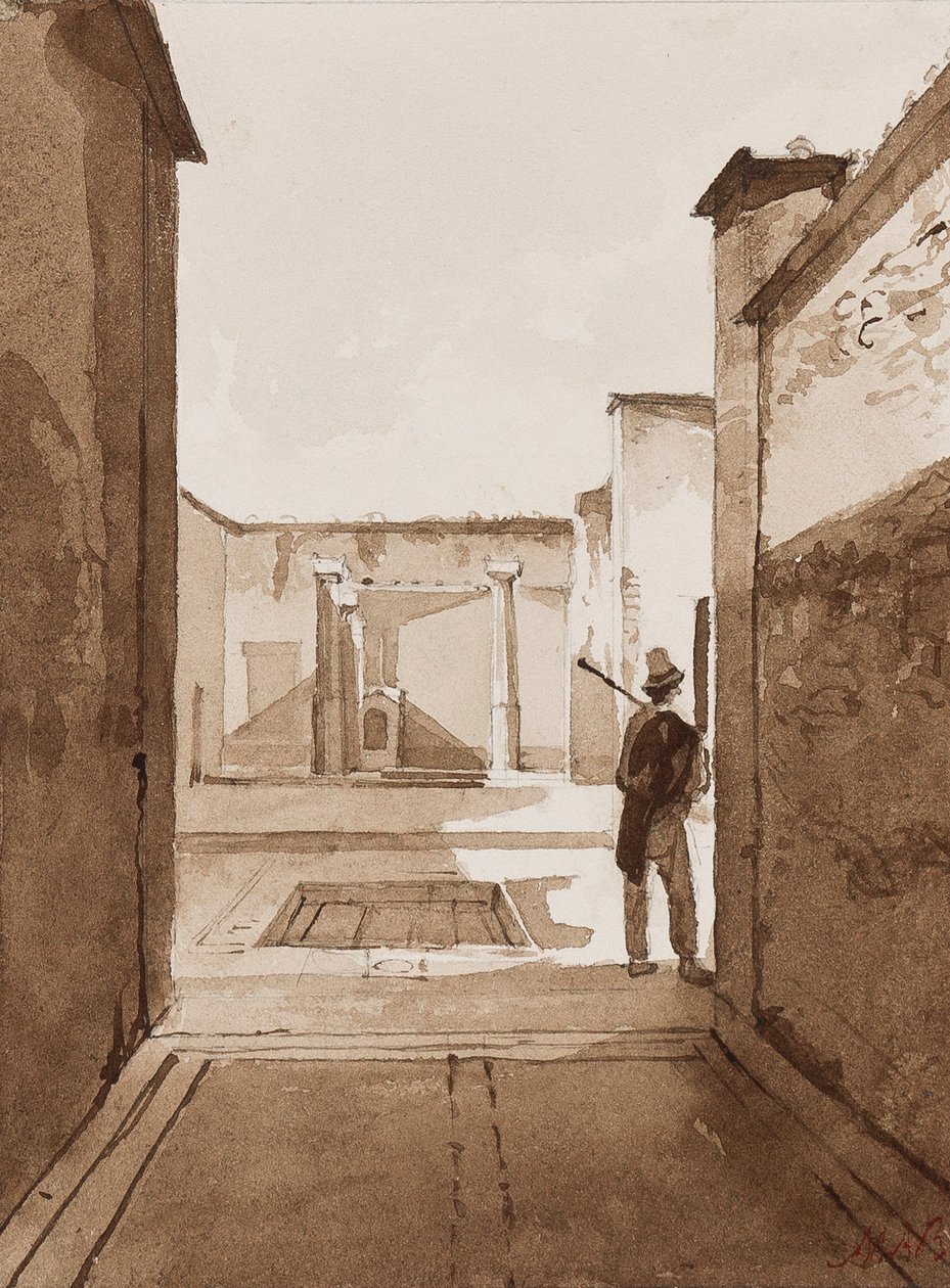 Innergård i Pompeji, med tillägg av prinsessan Maria Annunziata di Borbone (1843-1871) (penna och sepia tvättar på papper) av Achille Vianelli