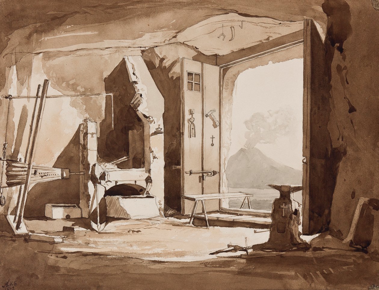 Interiör av en smedja, med tillägg av prins Alfonso Maria di Borbone (1841-1934), 1852 (penna och sepia tvättar på papper) av Achille Vianelli