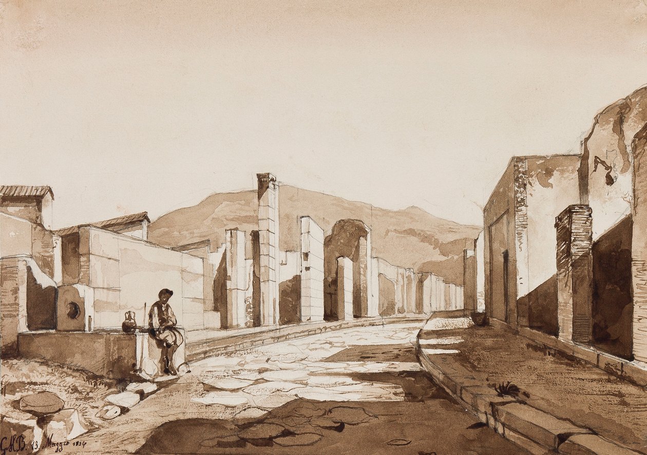 Pompeji, med tillägg av prins Gaetano Maria Federico di Borbone (1846-1871), 1854 (penna och sepia tvättar på papper) av Achille Vianelli