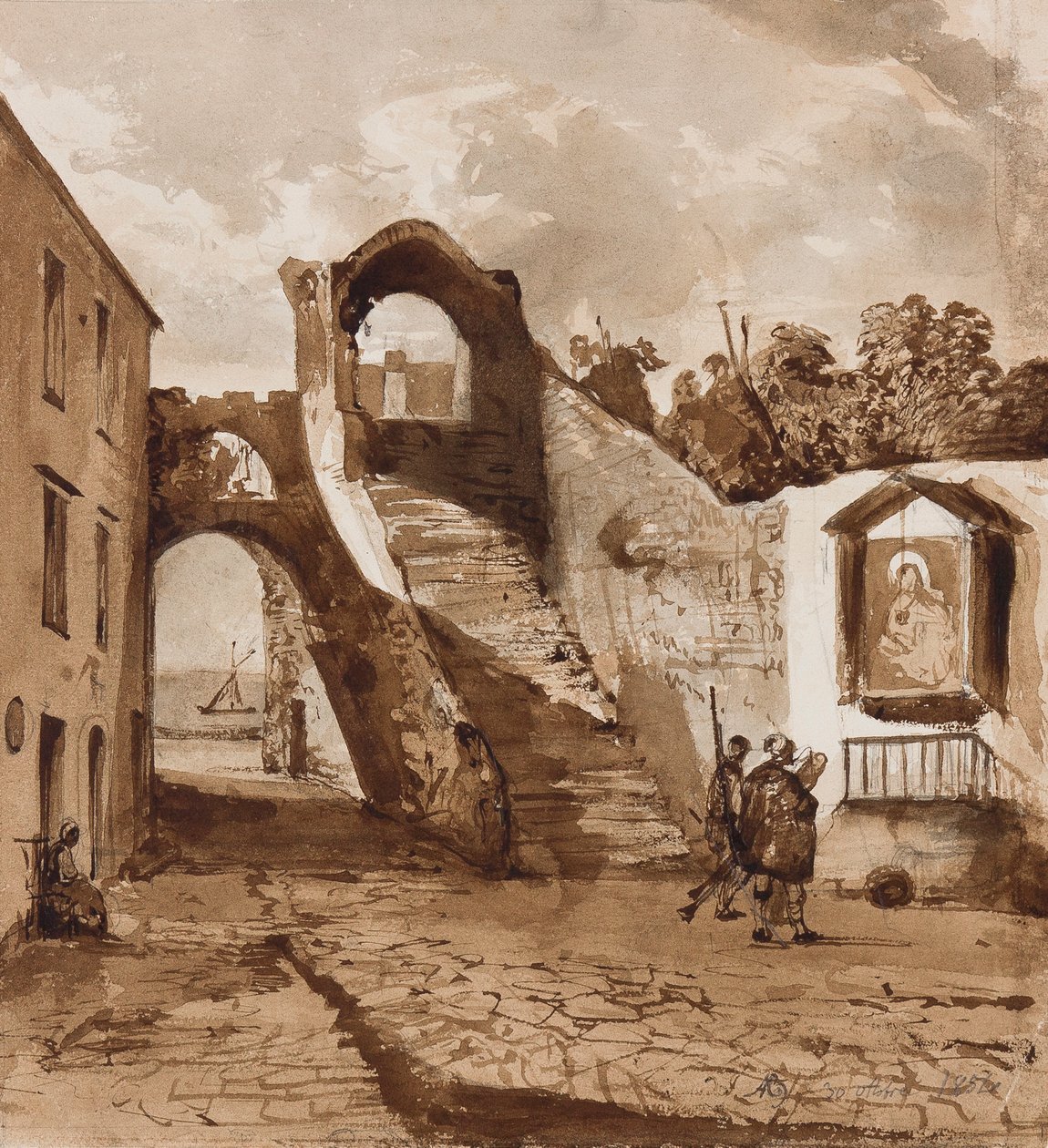 Helgedom i väggarna i en napolitansk by, med tillägg av prins Alfonso Maria di Borbone (1841-1934), 30 oktober 1854 (penna och sepia tvättar på papper) av Achille Vianelli