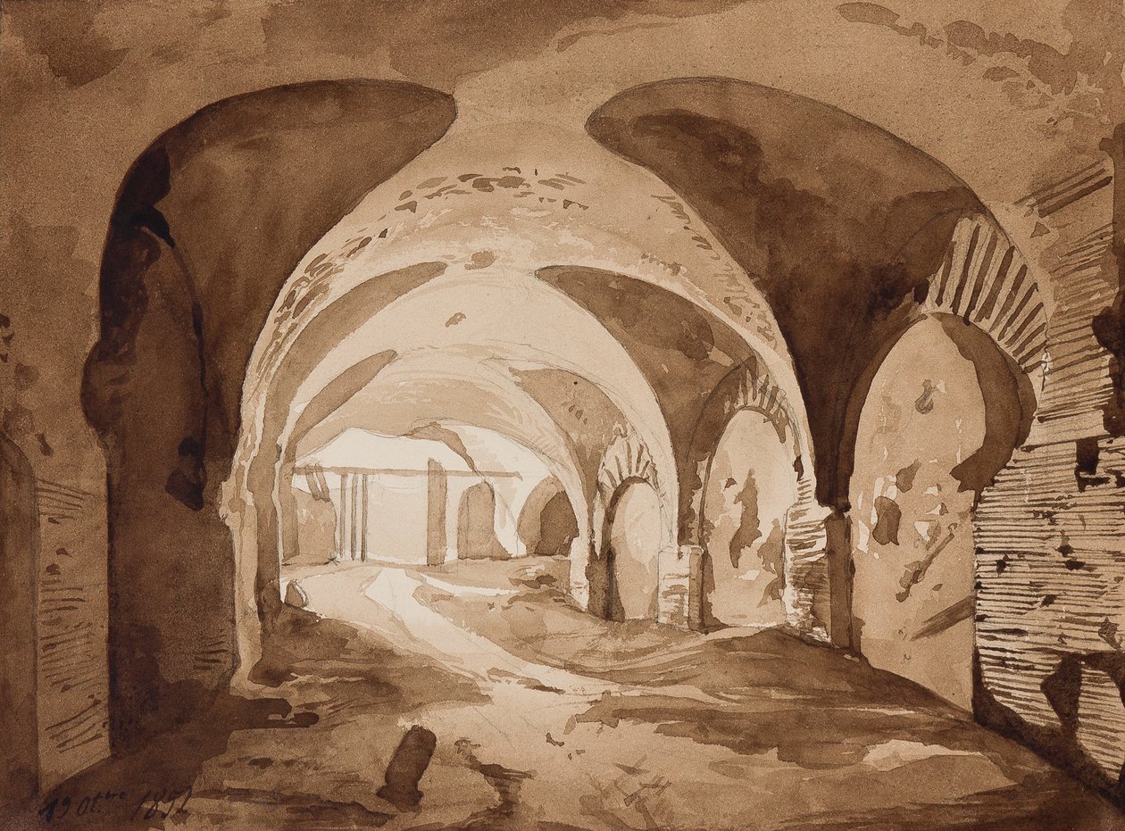 Ambulatoriet som leder till amfiteatern i Pozzuoli, med tillägg av prins Alfonso Maria di Borbone (1841-1934), 19 oktober 1852 (penna och sepia tvättar på papper) av Achille Vianelli
