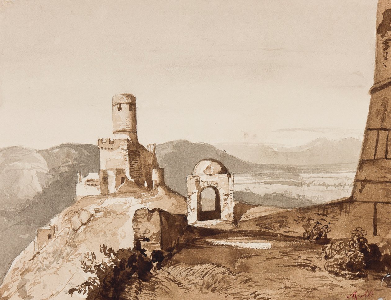 Torn och stadsmurar, möjligen ovanför Sorrento, med tillägg av prinsessan Maria Annunziata di Borbone (1843-1871) (penna och sepia tvättar) av Achille Vianelli