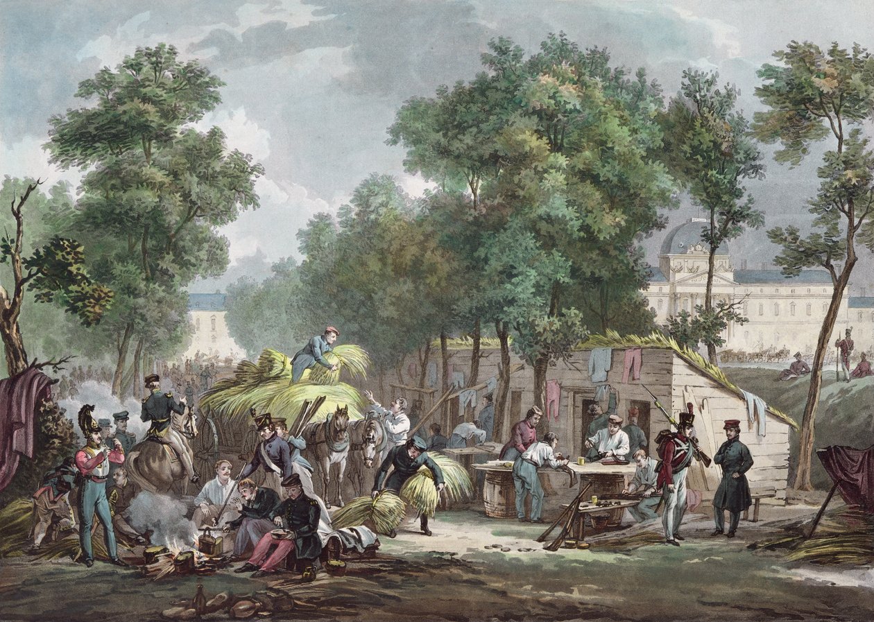 Preussiska soldater i bivack på Champs de Mars i Paris 1871, graverat av Jazet. av Achille Louis Martinet