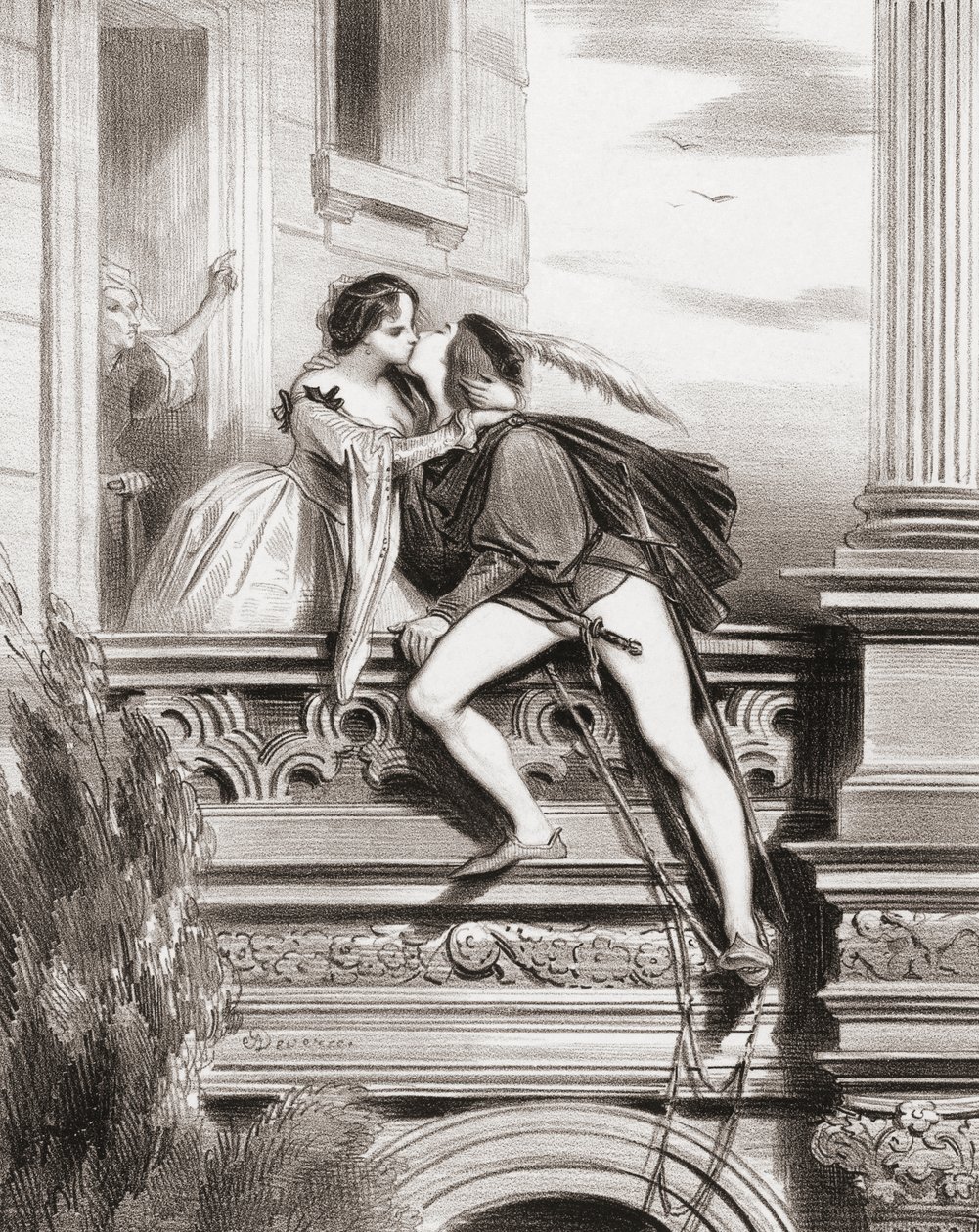 Romeo och Julia. Balkongscen. (skriva ut) av Achille (after) Deveria