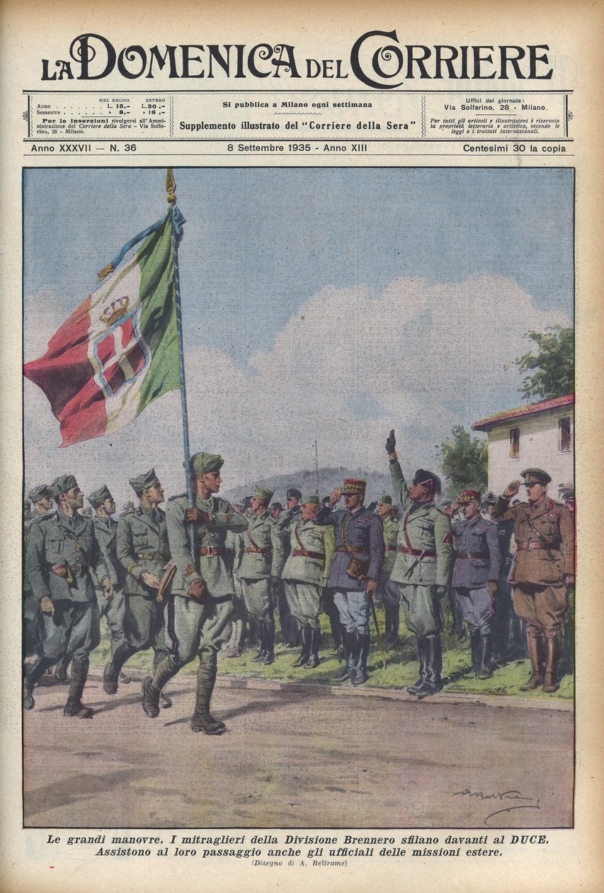1935 Maskingevärsskyttarna från Brenner-divisionen paraderar framför militärmanövern Duce - CORRIERE SUNDAY. Trupperna passerar före Benito Mussoli "" il Duce "" - Illustration av Achille Beltrame (1871-1945) av Achille Beltrame