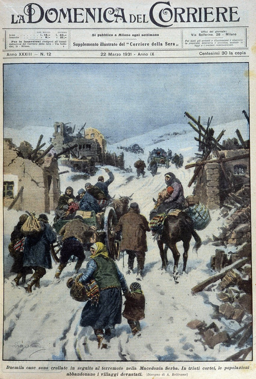 2000 hus kollapsade efter jordbävningen i det serbiska Makedonien: den sorgliga utvandringen av befolkningen som övergav de ödelade byarna - dess. de A. Beltrame i "" la Domenica del Corriere"" av 1931-03-22 av Achille Beltrame