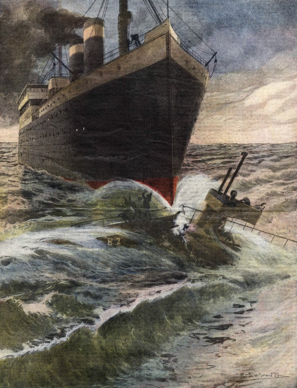 En tysk transatlantik välter och krossar en ubåt från den engelska flottan utanför Dovers kust - Illustration av Beltrame - "" La Domenica del Corriere"" oktober 1912 av Achille Beltrame