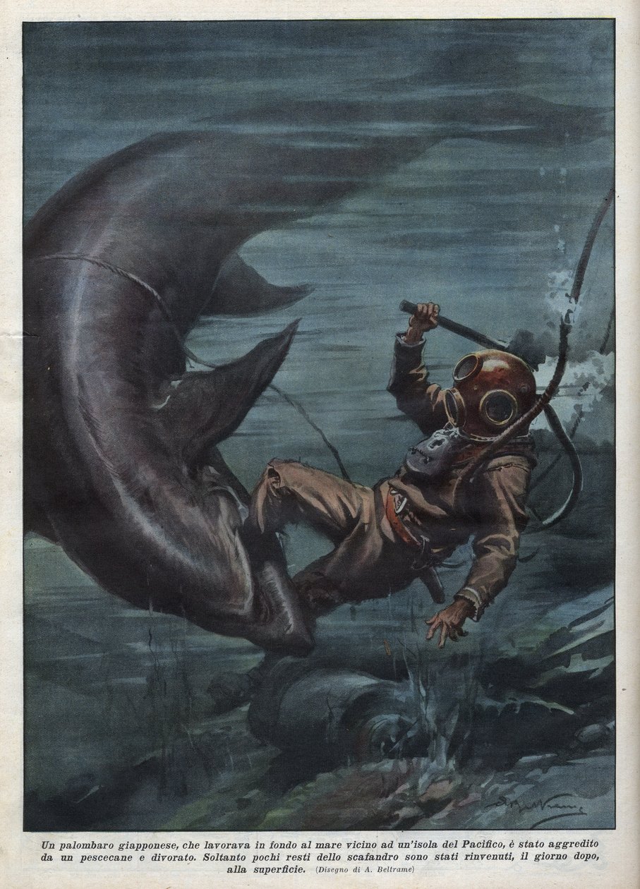En japansk dykare med en scaphandler slukades av en haj i Stilla havet. Illustration av Achille Beltrame från "La domenica del corriere"" av 1937-08-08. av Achille Beltrame