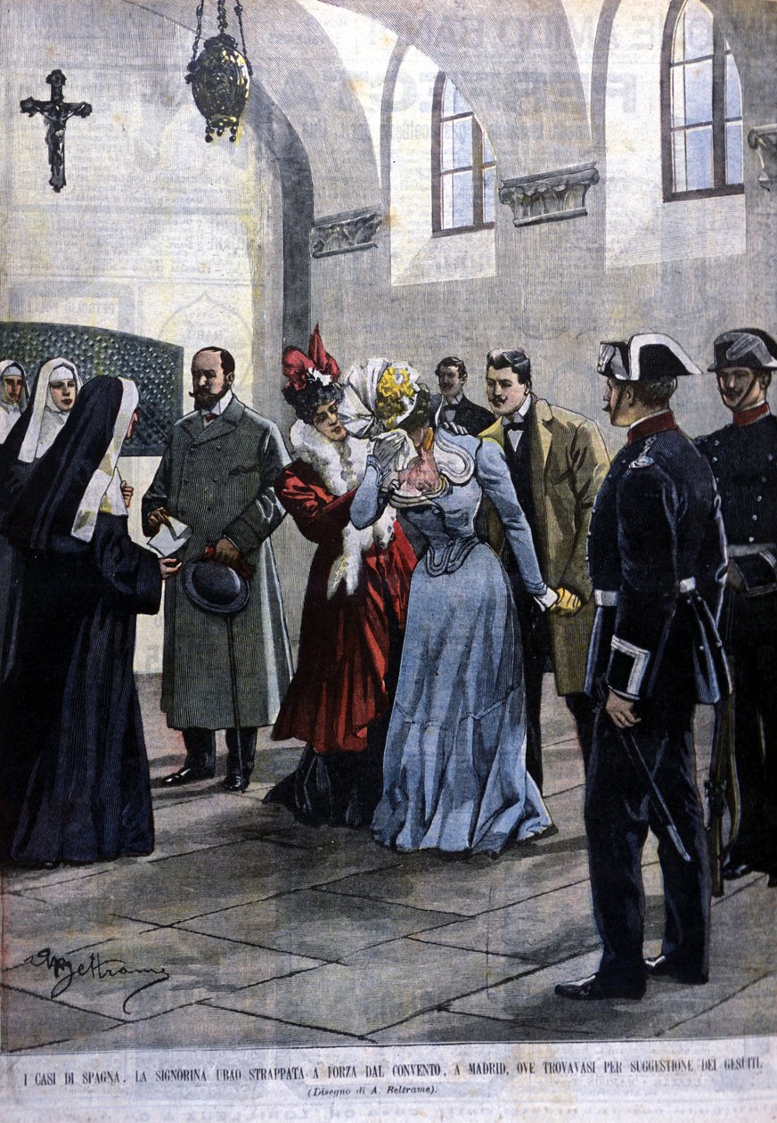 I Madrid slits en ung kvinna, Mademoiselle Ubao, från livet av en nunna i ett kloster där hon befann sig på jesuiternas förslag. Illustration av Beltrame. Domenica del corriere. 1901. av Achille Beltrame