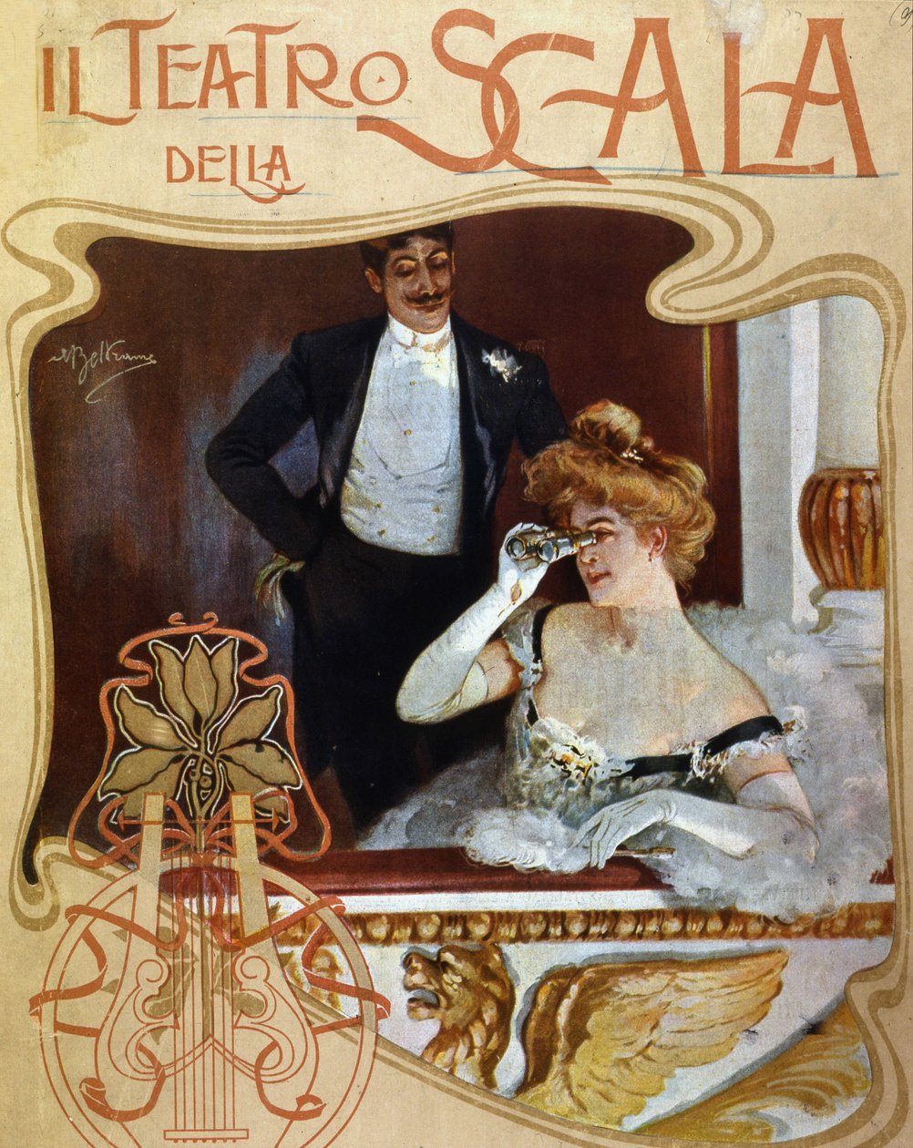 Ett par platser i ett omklädningsrum på Teatro alla Scala. Den unga kvinnan iakttar scenen med en kikare. Illustration av Achille Beltrame. av Achille Beltrame