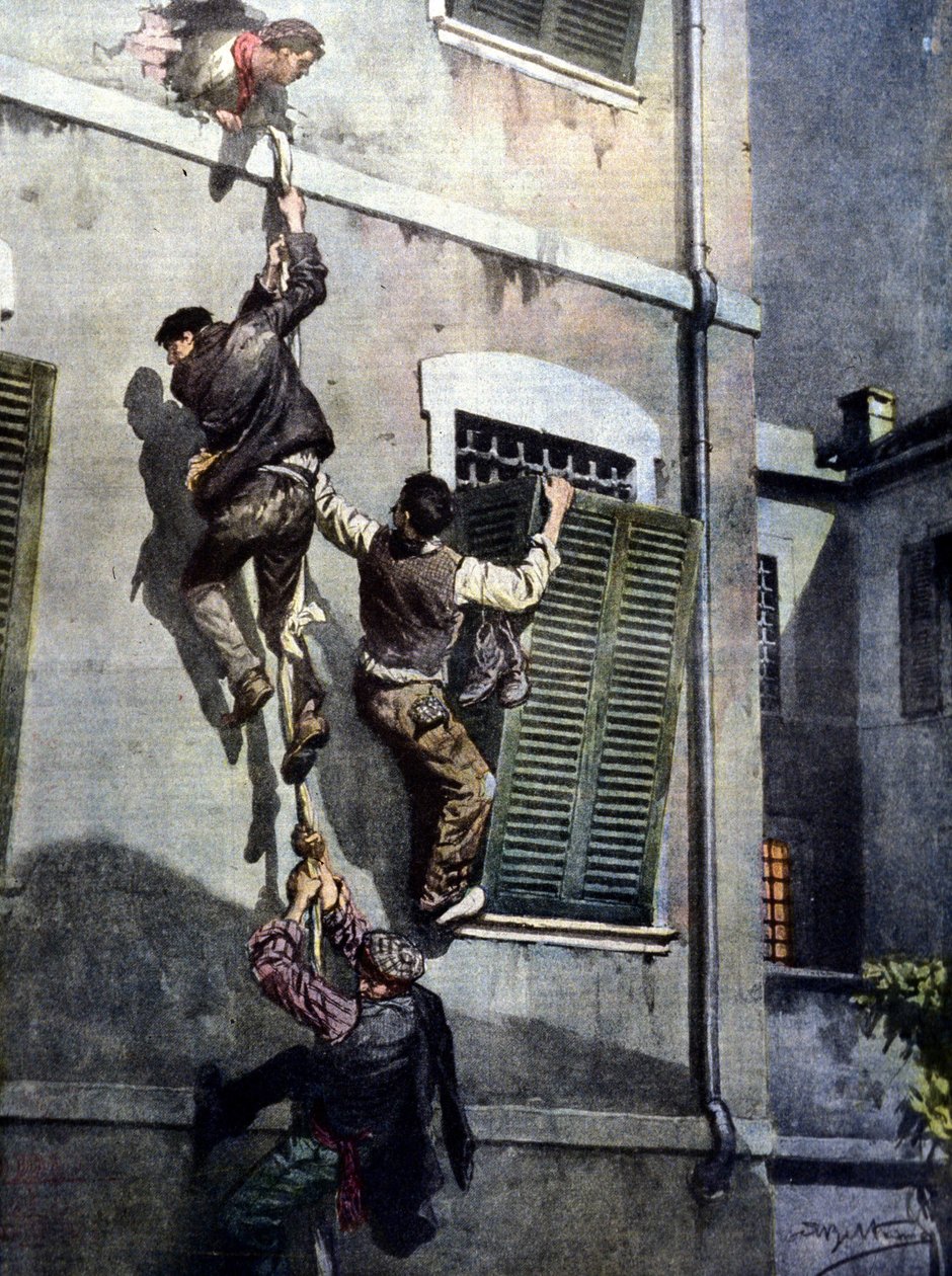 En vågad flykt av fyra fångar från Asti-fängelset efter att ha brutit sig igenom muren. Teckning av Beltrame. La Domenica del Corriere. 1902 av Achille Beltrame