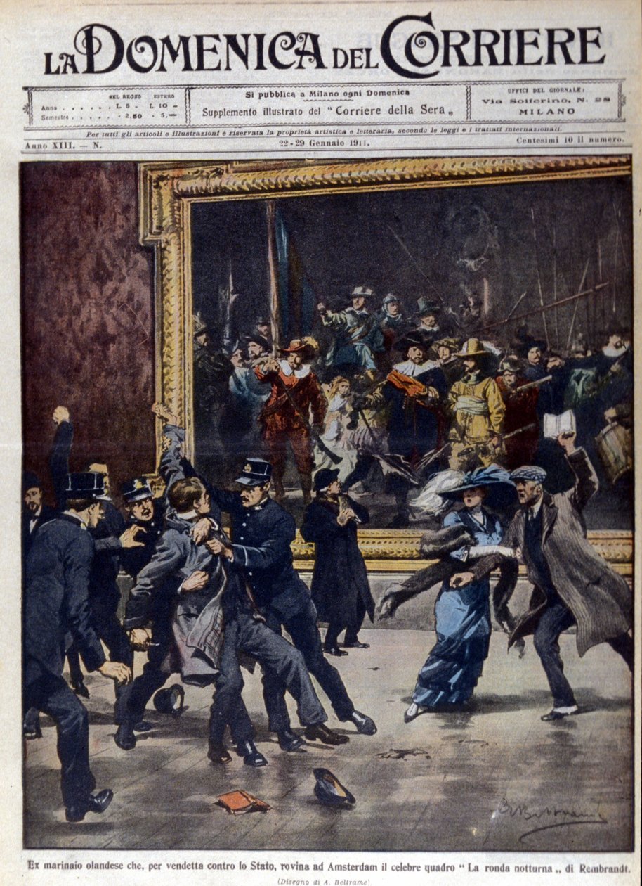 En före detta holländsk sjöman försökte plundra den berömda målningen av Rembrandt van Rijn (1606-1669), "The Night Round". Omslag till "" La Domenica del corriere"", ill. de Beltrame, 1911/01. av Achille Beltrame