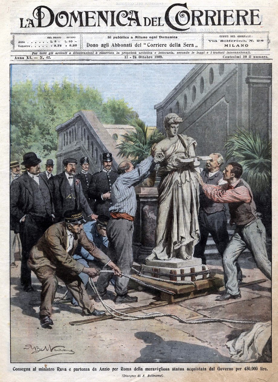 En staty köpt av regeringen för 450 tusen lire förs till Rom och levereras till minister Rava. Ill. de Beltrame. La Domenica del Corriere. 10/1909. av Achille Beltrame