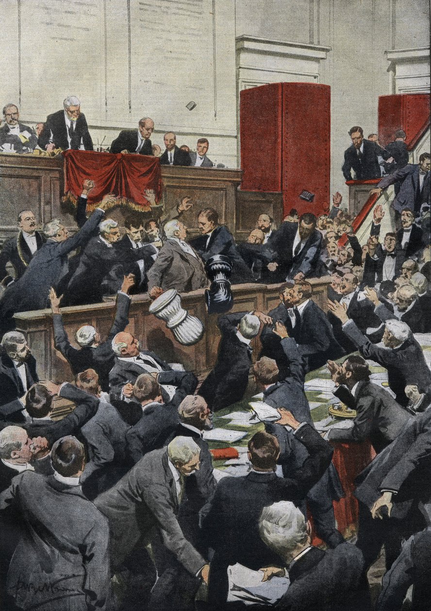 Ett stormigt sittande i den italienska deputeradekammaren under en budgetdebatt. MP Chiesa avbryter omröstningen genom att kasta valurnan. “La Domenica del Corriere” av Achille Beltrame