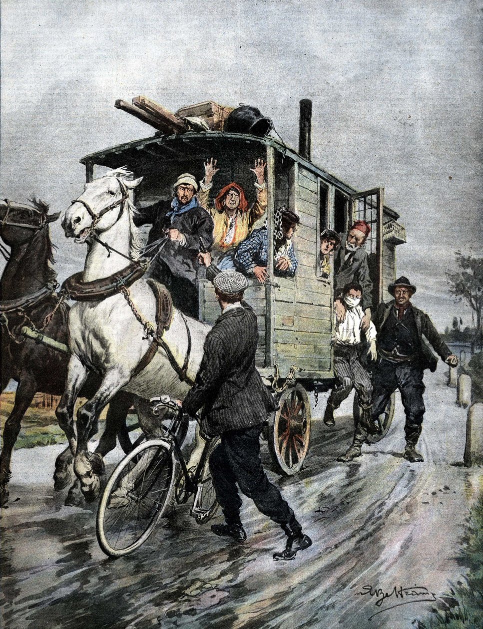 En ung pojke fördes bort av en grupp zigenare nära Cernusco sul Naviglio i Milano-regionen. Sjuk. de Beltrame. Kurirens söndag. 09/1909. av Achille Beltrame