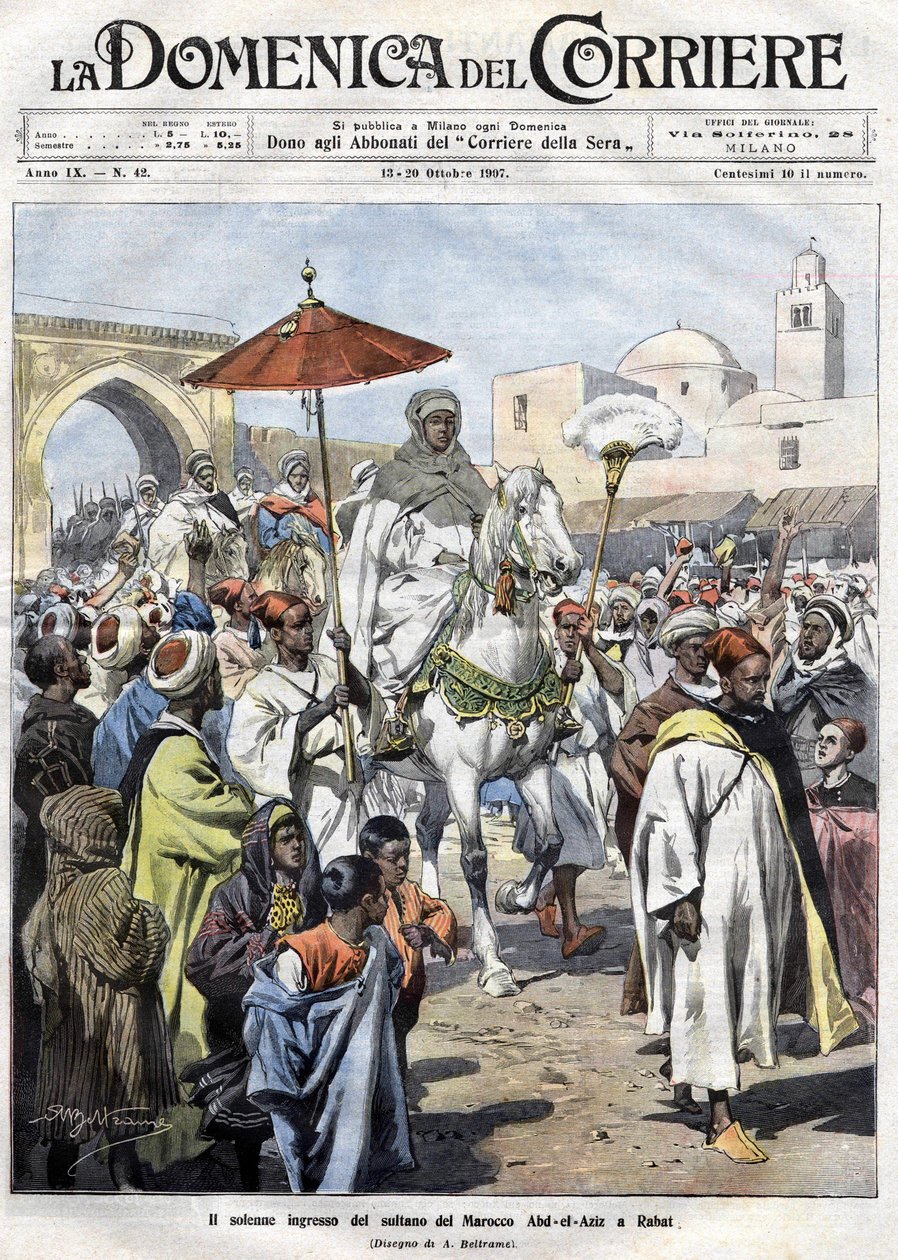 Abdelaziz (Al-Hassan Muhammed Al-Hasani Al-Alawi) Länken i Marocko utvisades i oktober 1907 (Marrakech) av Achille Beltrame