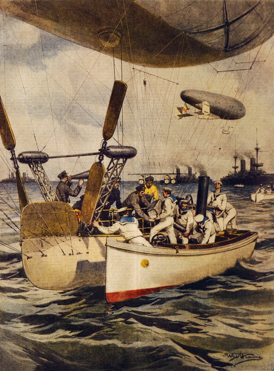 Luftskepp som återförser slagskepp under sin resa, av Achille Beltrame, illustration, Illustratör Achille Beltrame (1871-1945), från La Domenica del Corriere, 5 maj 1910 av Achille Beltrame