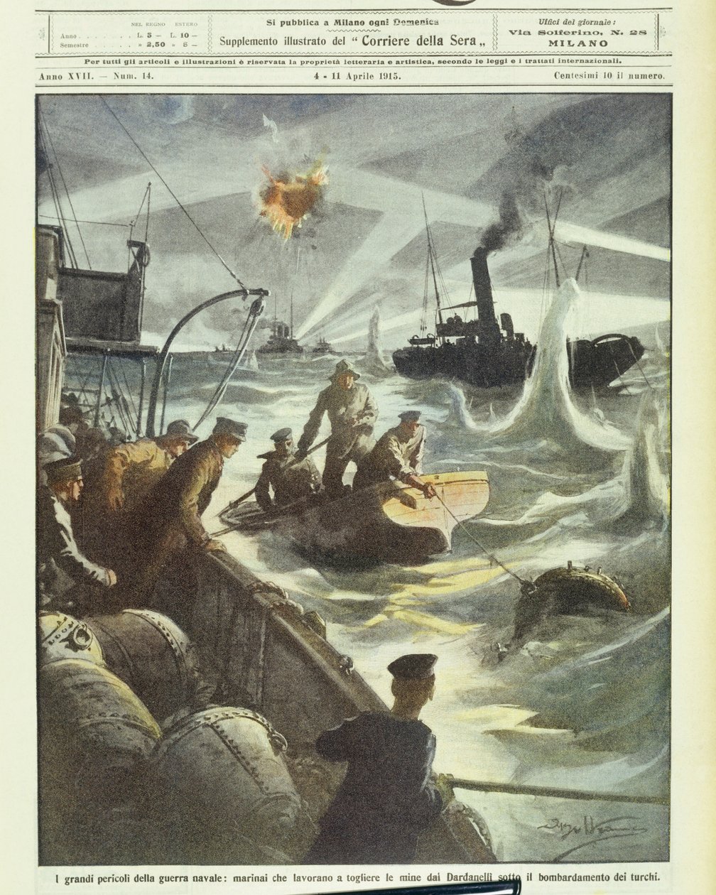 Allierade styrkor sjömän som försökte desarmera minor under turkisk artillerield, under första världskriget 1914-1918 (litografi) av Achille Beltrame