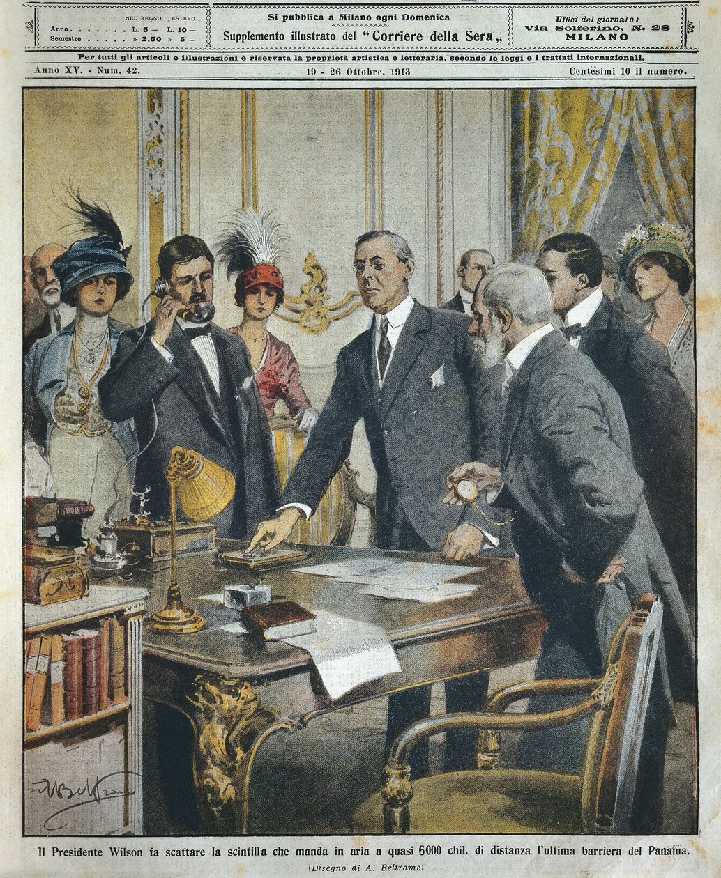 Amerikanska presidenten Woodrow Wilson sätter igång detonationen telegrafiskt som rev den sista barriären till Panamakanalen 6000 kilometer bort, av Achille Beltrame (1871-1945), från La Domenica del Corriere av Achille Beltrame