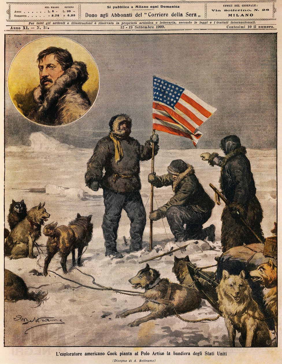 Amerikansk upptäcktsresande Cook planterar USA:s flagga på nordpolen, illustration av Achille Beltrame (1871-1945), från La Domenica del Corriere, 12 september av Achille Beltrame