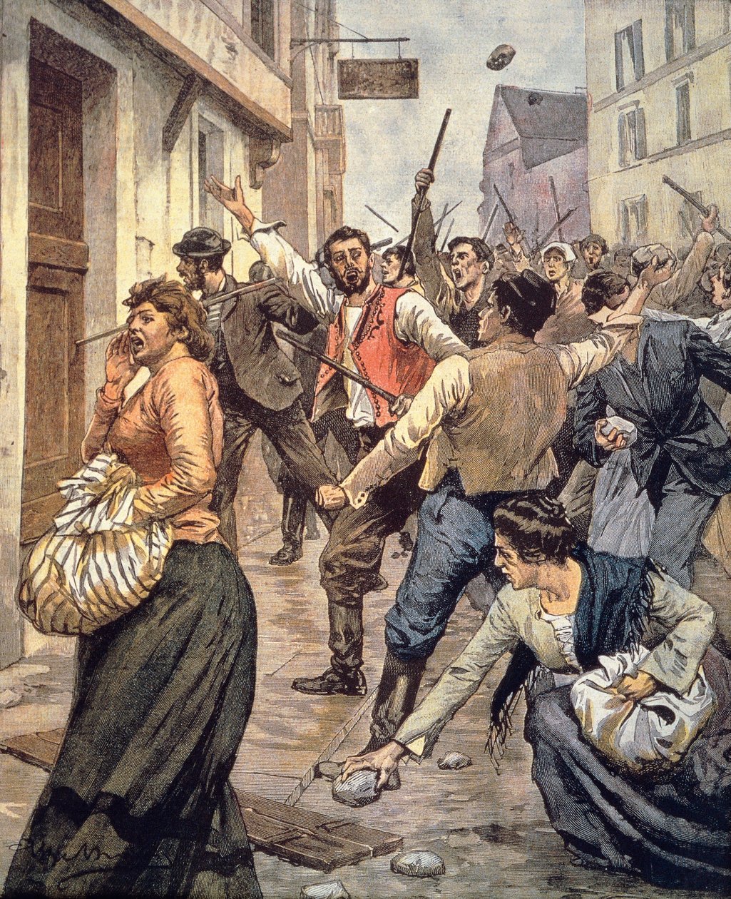 Antisemitiska upplopp i Mähren, Achille Beltrame (1871-1945), från La Domenica del Corriere, 12 november av Achille Beltrame