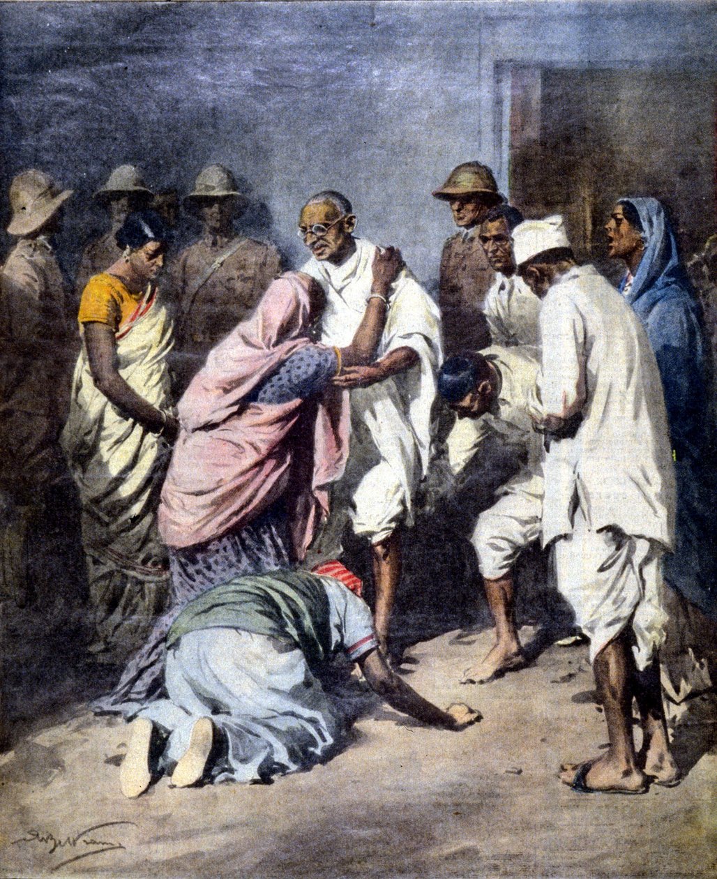 Arrestation av Mahatma Gandhi (1869 - 1948). Sjuk. av Achille Beltrame. Kurirens söndag. 1932 av Achille Beltrame
